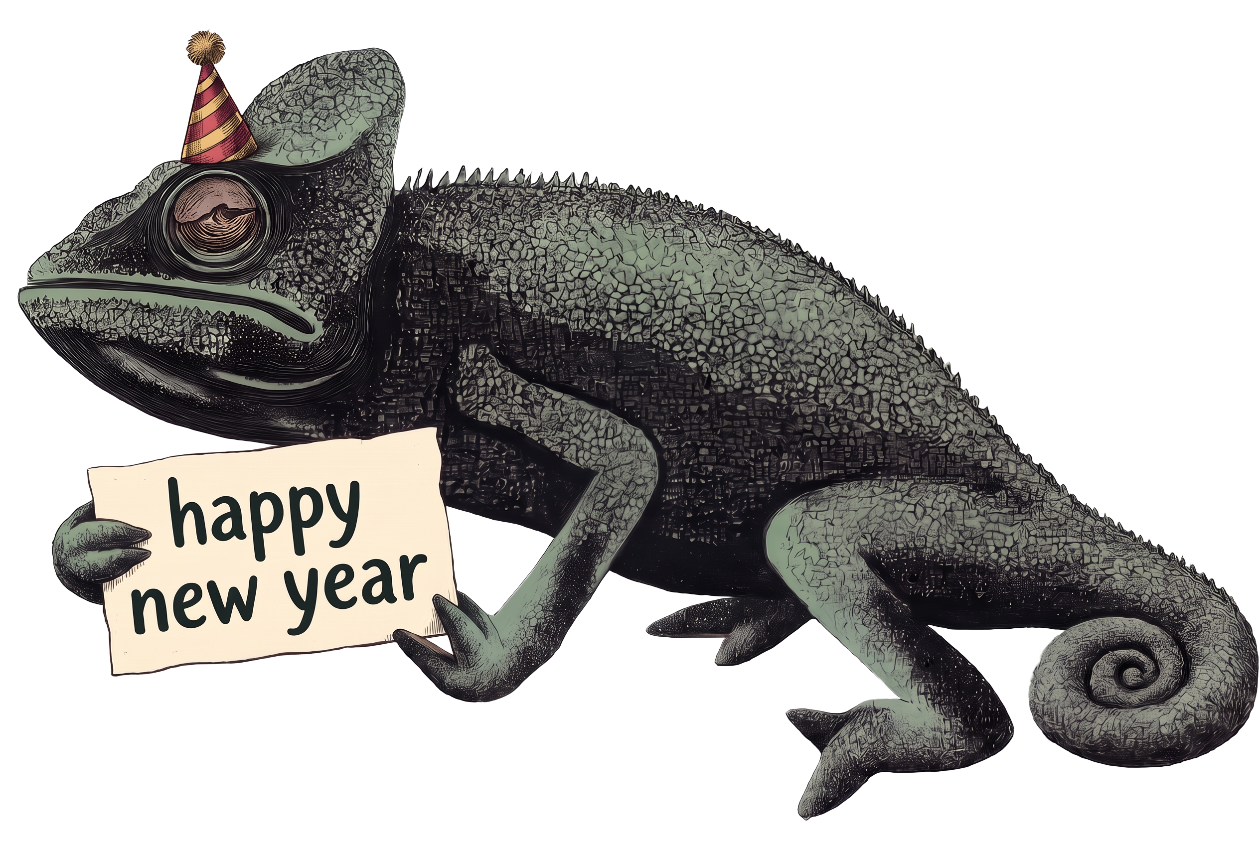 A party-hat chameleon holding a funny sign saying happy new year